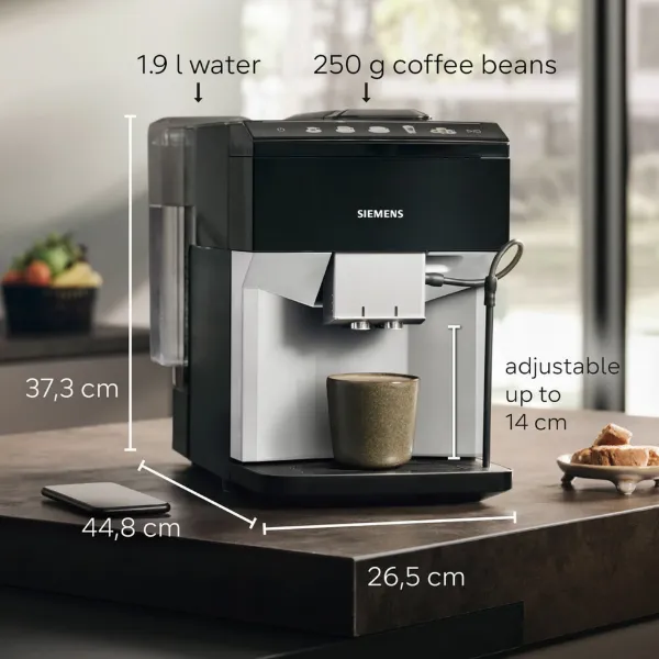 Siemens TP515GB1 Bean to cup coffee machine - Black/Silver_dimensions