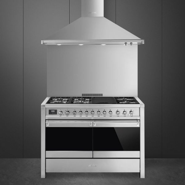 Smeg A4-81 120cm Opera Dual Fuel Range Cooker in Stainless Steel _ Front view with hood