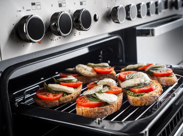 Rangemaster 15828 Edge Deluxe 110cm Dual Fuel Range Cooker in Black Glass with Chrome Trim - EDDLB110DFGBLK/CM1_grill