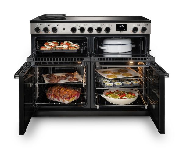 Rangemaster 15834 Edge Deluxe 110cm Induction Range Cooker in Black Glass with Chrome Trim - EDDLB110EIGBLK/CM1_doors open