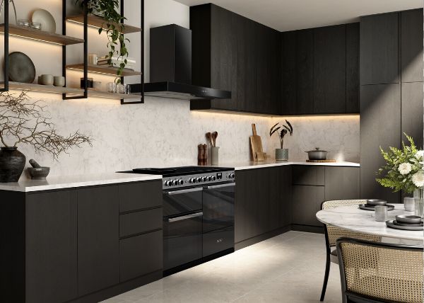 Rangemaster 15834 Edge Deluxe 110cm Induction Range Cooker in Black Glass with Chrome Trim - EDDLB110EIGBLK/CM1_kitchen view