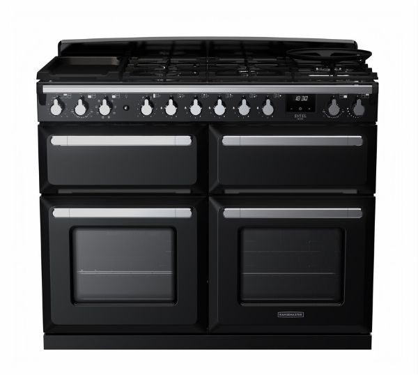 Rangemaster 15248 Estel Deluxe 110 Dual Fuel Range Cooker in Gloss Black with Chrome Trim - ESDLB110DFPGBL/CM1_main