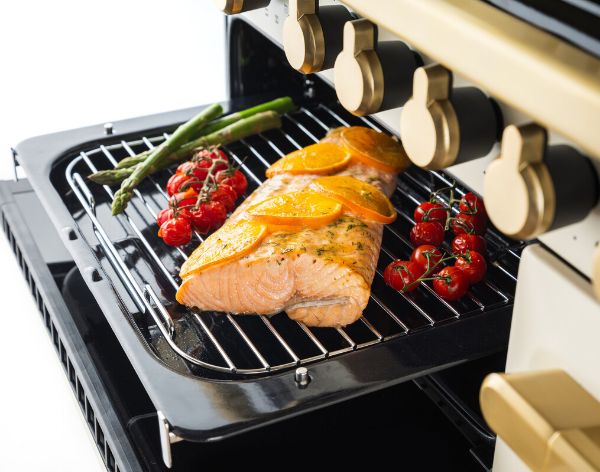 Rangemaster 15250 Estel Deluxe 110 Dual Fuel Range Cooker in Pale Cream with Chrome Trim - ESDLB110DFPPCR/CM1_grill