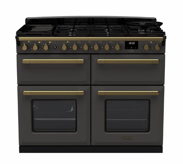Rangemaster 18145 Estel Deluxe 110 Dual Fuel Range Cooker in Slate with Antique Brass Trim - ESDLB110DFPSLT/AB1_main