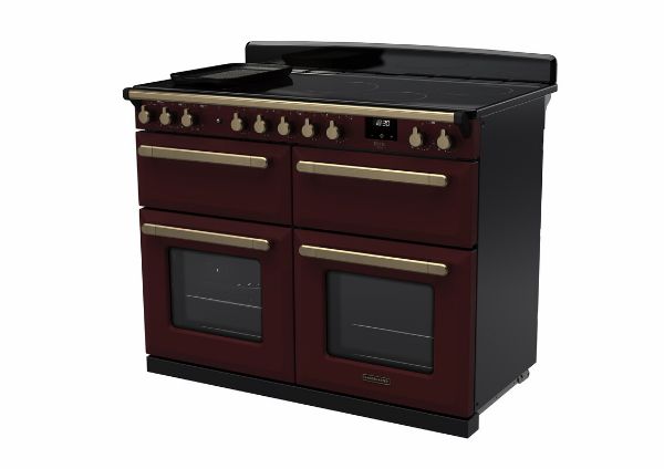 Rangemaster 18168 Deluxe 110 Induction Range Cooker in Bordeaux with Antique Brass Trim - ESDLB110EIPBOR/AB1_angled