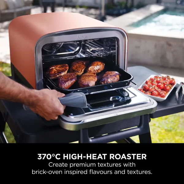 Ninja OO101UKCOVKIT Ninja Woodfire Outdoor Oven with Grill Cover & Woodfire Pellets - Terracotta/Steel_370c high heat roaster