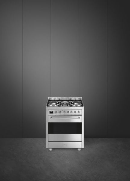 Smeg C7GPX9 70cm Symphony Dual Fuel Cooker in Stainless Steel _ Front view with backdrop