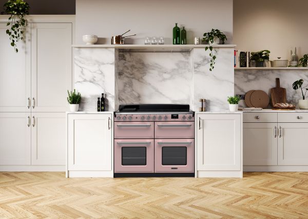 Rangemaster 18170 Estel Deluxe 110 Induction Range Cooker in Pale Pink with Antique Brass Trim - ESDLB110EIPPPK/AB1_room view