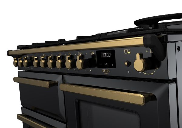 Rangemaster 18102 Estel Deluxe 110 Dual Fuel Range Cooker with Proving Drawer in Gloss Black with Antique Brass Trim - ESDLO110DFPGBL/AB1_controls