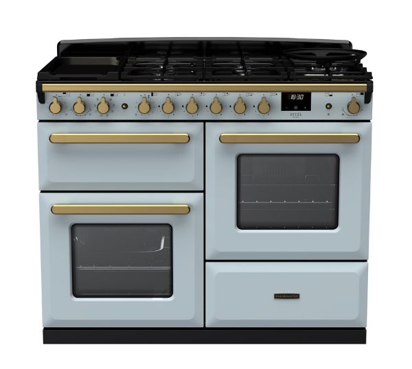 Rangemaster 18106 Estel Deluxe 110 Dual Fuel Range Cooker with Proving Drawer in Misty Blue with Antique Brass Trim - ESDLO110DFPMSB/AB1_main