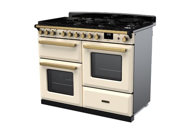 Rangemaster 18104 Estel Deluxe 110 Dual Fuel Range Cooker with Proving Drawer in Pale Cream with Antique Brass Trim - ESDLO110DFPPCR/AB1_angled