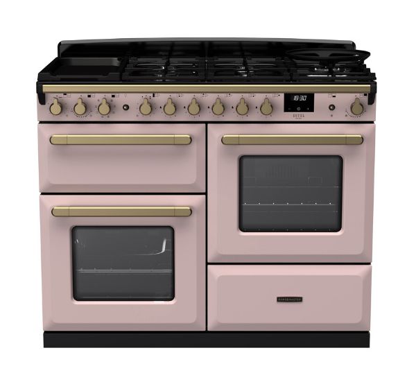 Rangemaster 18107 Estel Deluxe 110 Dual Fuel Range Cooker with Proving Drawer in Pale Pink with Antique Brass Trim - ESDLO110DFPPPK/AB1_main