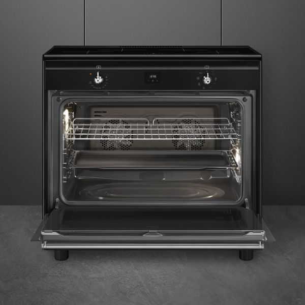 Smeg CX91IMBL 90cm Concert Induction Range Cooker in Black _ front view open oven 