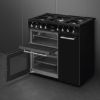 Smeg CX93GMBL 90cm Concert Dual Fuel Range Cooker in Black_ side view oven open