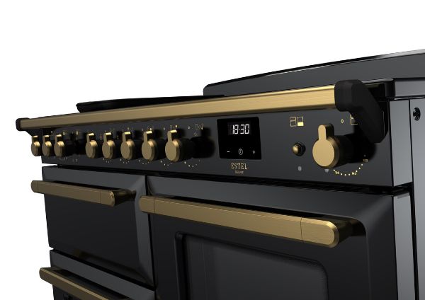 Rangemaster 18123 Estel Deluxe 110 Induction Range Cooker with Proving Drawer in Gloss Black with Antique Brass Trim - ESDLO110EIPGBL/AB1_controls