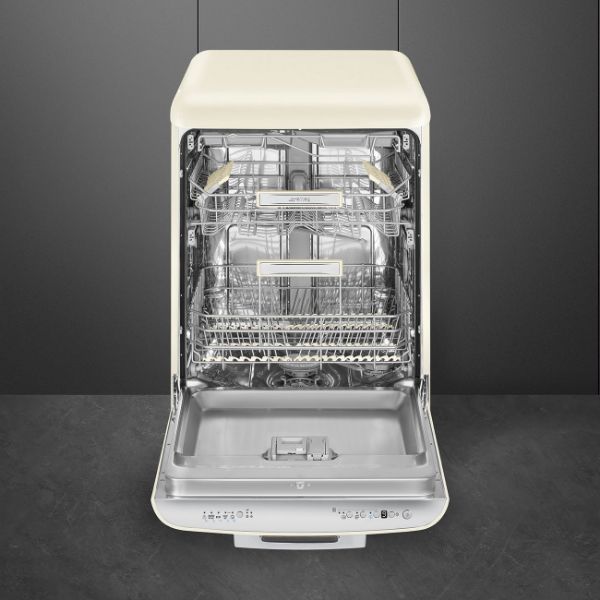 Smeg DFFABCR 60cm 50s style Freestanding Dishwasher in Cream _ front view door open