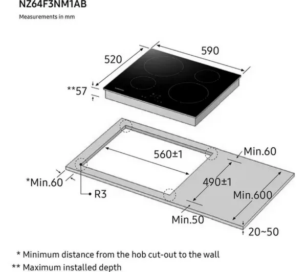 Samsung NZ64F3NM1AB/UR 59cm Induction Hob - Black_dimensions