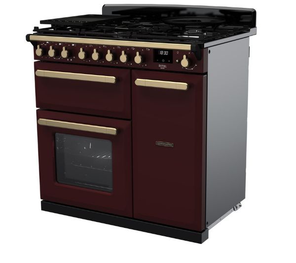 Rangemaster 18035 Estel Deluxe 90 Dual Fuel Range Cooker in Bordeaux with Antique Brass Trim_angled
