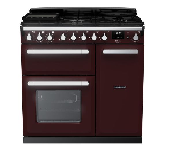 Rangemaster 14979 Estel Deluxe 90 Dual Fuel Range Cooker in Bordeaux with Chrome Trim_main