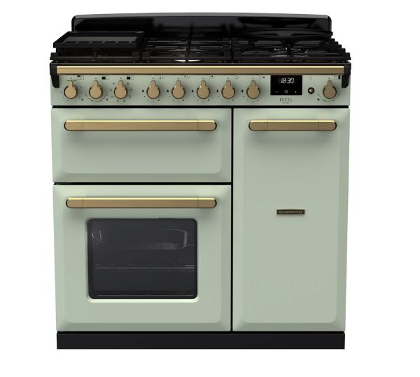 Rangemaster 18038 Estel Deluxe 90 Dual Fuel Range Cooker in Mint with Antique Brass Trim - ESDL90DFPMNT/AB1_main