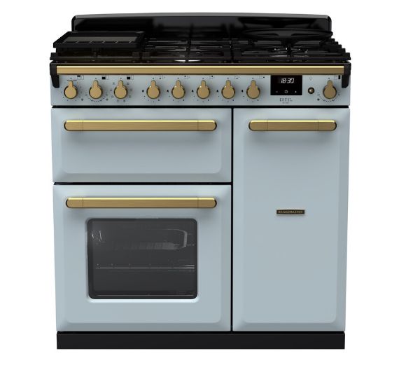Rangemaster 18036 Estel Deluxe 90 Dual Fuel Range Cooker in Misty Blue with Antique Brass Trim - ESDL90DFPMSB/AB1_main