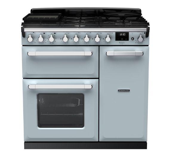 Rangemaster 14981 Estel Deluxe 90 Dual Fuel Range Cooker in Misty Blue with Chrome Trim - ESDL90DFPMSB/CM1_main