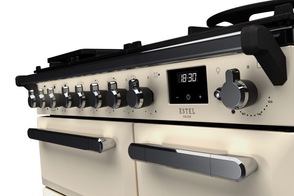 Rangemaster 14978 Estel Deluxe 90 Dual Fuel Range Cooker in Pale Cream with Chrome Trim - ESDL90DFPPCR/CM1_controls