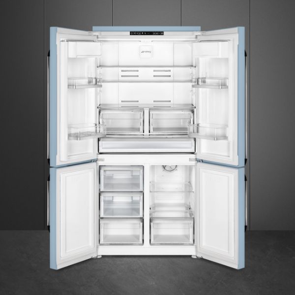 Smeg FQ960PB6 90cm Victoria Four Door Fridge Freezer Pastel Blue open