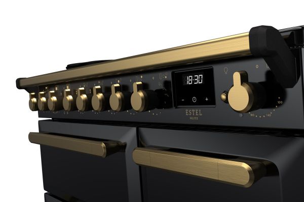 Rangemaster 18053 Estel Deluxe 90 Induction Range Cooker in Gloss Black with Antique Brass Trim - ESDL90EIPGBL/AB1_controls