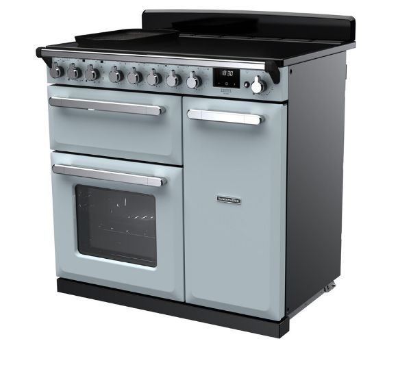 Rangemaster 15032 Estel Deluxe 90 Induction Range Cooker in Misty Blue with Chrome Trim - ESDL90EIPMSB/CM1_angled