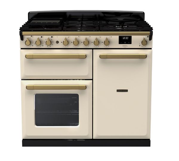 Rangemaster 18076 Estel Deluxe 100 Dual Fuel Range Cooker in Pale Cream with Antique Brass Trim - ESDL100DFPPCR/AB1_main