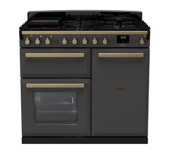 Rangemaster 18075 Estel Deluxe 100 Dual Fuel Range Cooker in Slate with Antique Brass Trim - ESDL100DFPSLT/AB1_main