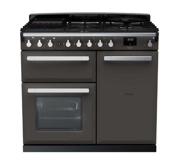 Rangemaster 15079 Estel Deluxe 100 Dual Fuel Range Cooker in Slate with Chrome Trim - ESDL100DFPSLT/CM1_main
