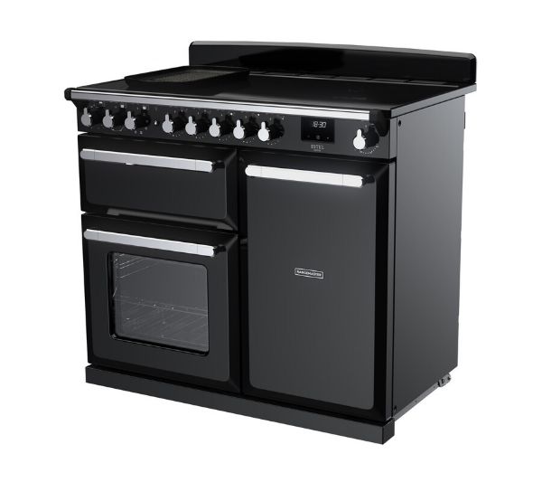 Rangemaster 15112 Estel Deluxe 100 Induction Range Cooker in Gloss Black with Chrome Trim - ESDL100EIPGBL/CM1_angled view