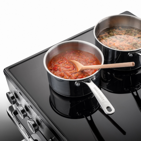 Rangemaster Edge Deluxe 100 Induction Range Cooker in Black Glass with Chrome Trim - EDDL100EIGBLK/CM1_cook1