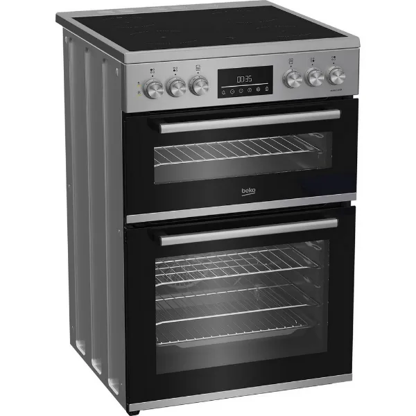 Beko EDC6731S 60cm Double Oven Electric Cooker with Vitroceramic Hob - Silver_angled view