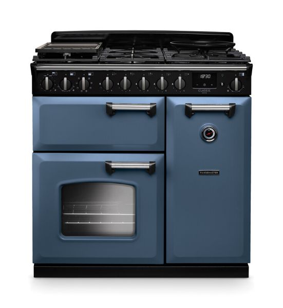 Rangemaster 14540 Classic Deluxe 90 Dual Fuel Range Cooker in Stone Blue with Chrome Trim - CLDL90DFPSTB/CM1