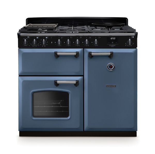 Rangemaster 14642 Classic Deluxe 100 Dual Fuel Range Cooker in Stone Blue with Chrome Trim - CLDL100DFPSTB/CM1