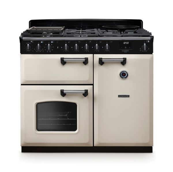 Rangemaster 14643 Classic Deluxe 100 Dual Fuel Range Cooker in Pale Cream with Chrome Trim - CLDL100DFPPCR/CM1