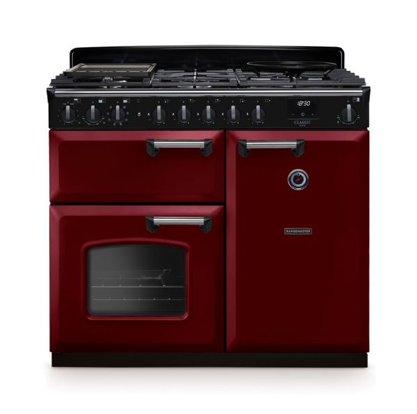 Rangemaster 14645 Classic Deluxe 100 Dual Fuel Range Cooker in Bordeaux with Chrome Trim - CLDL100DFPBOR/CM1