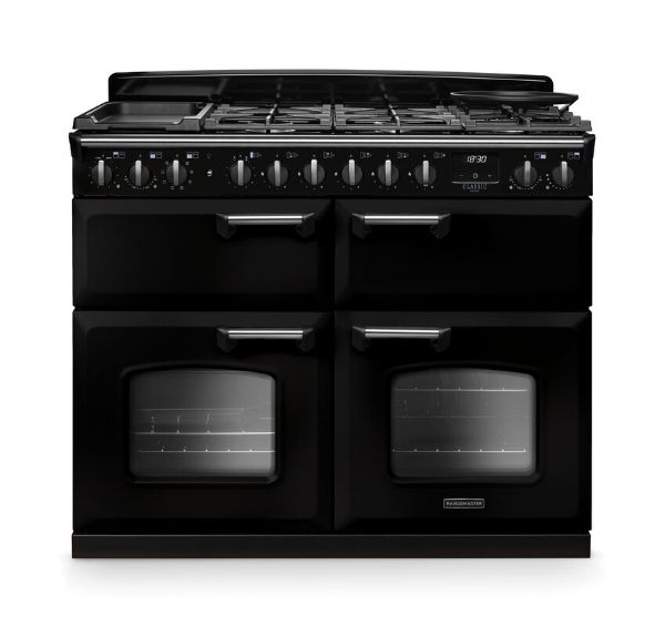 Rangemaster 14874 Classic Deluxe BC 110 Dual Fuel Range Cooker with Slow Cook Oven in Gloss Black with Chrome Trim - CLDLB110DFPGBL/CM1