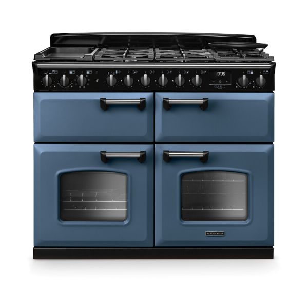 Rangemaster 14878 Classic Deluxe BC 110 Dual Fuel Range Cooker in  Stone Blue with Chrome Trim  - CLDLB110DFPSTB/CM1