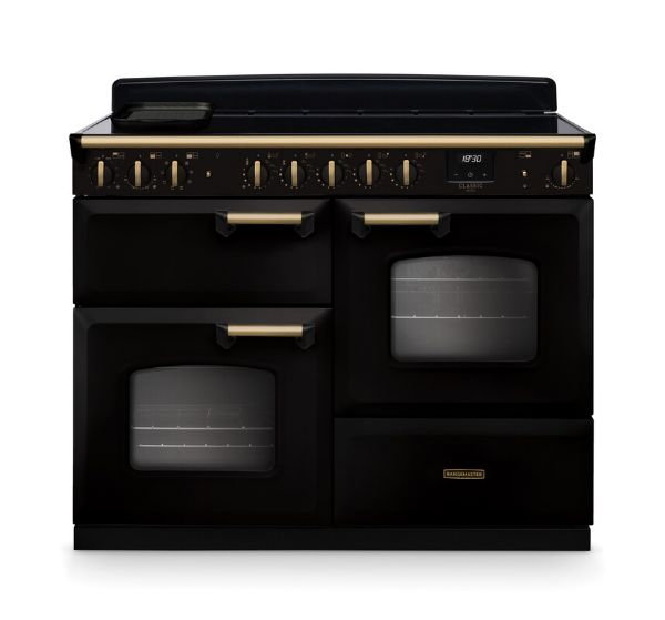 Rangemaster 18343 Classic Deluxe OC 110 Induction Range Cooker with Proving Drawer in Gloss Black with Antique Brass Trim - CLDLO110EIPGBL/AB1