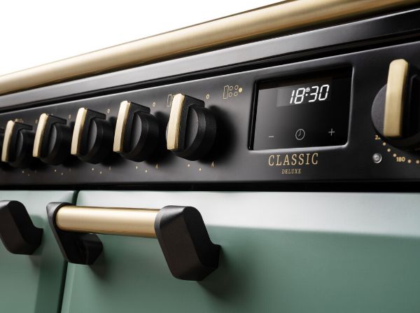 Rangemaster 18366 Classic Deluxe BC 110 Dual Fuel Range Cooker with Slow Cook Oven in Mineral Green with Antique Brass Trim - CLDLB110DFPMGR/AB1_fascia