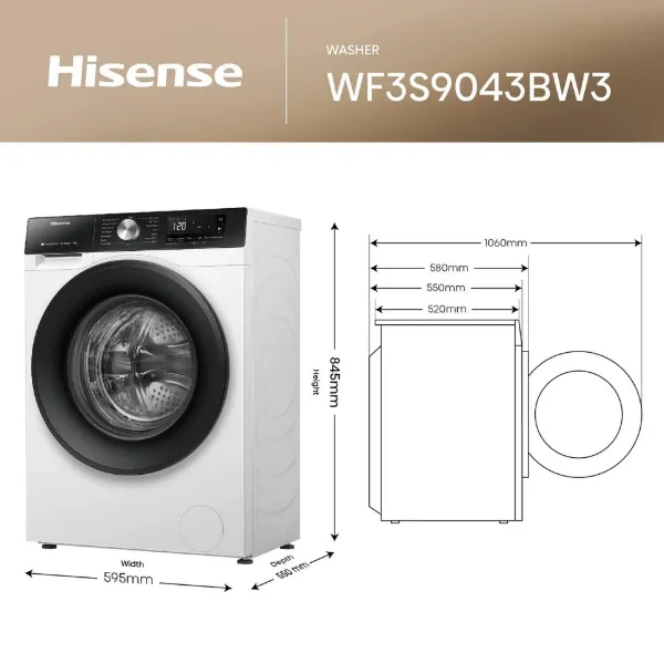 Hisense WF3S9043BW3 9kg 1400 Spin Washing Machine - White