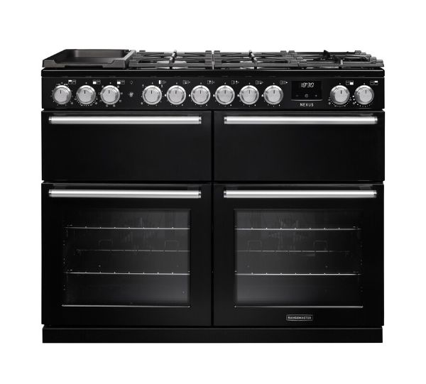 Rangemaster 16458 Nexus BC 110 Dual Fuel Range Cooker with Slow Cook Oven in Gloss Black with Chrome Trim - NEXB110DFPGBL/CM1