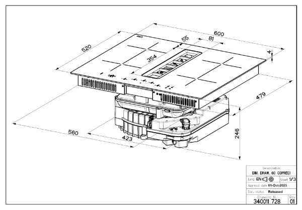 Faber Galileo Flow 60 F600 Recirculating Only Black Glass Venting Induction Hob_dimensions