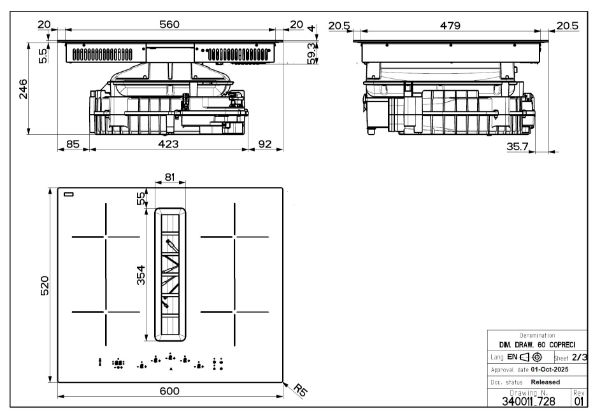 Faber Galileo Flow 60 F600 Recirculating Only Black Glass Venting Induction Hob_diagram